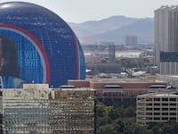 A Kamala Harris advertisement on the Sphere in Las Vegas