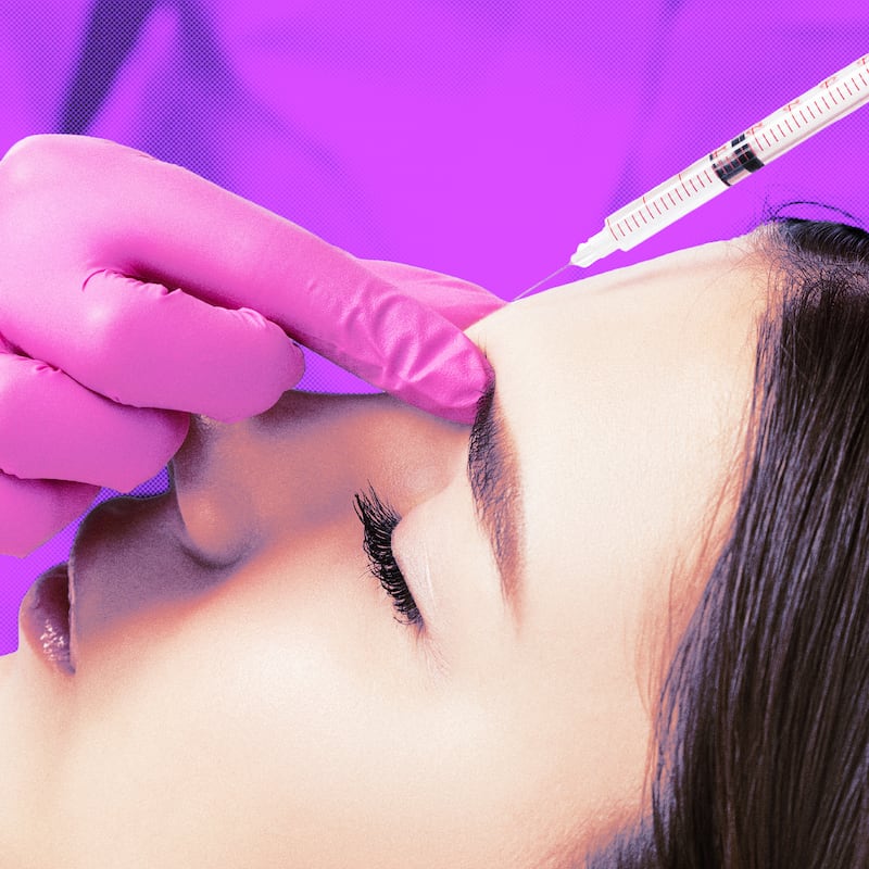 A photo illustration of a woman receiving a botox injection.