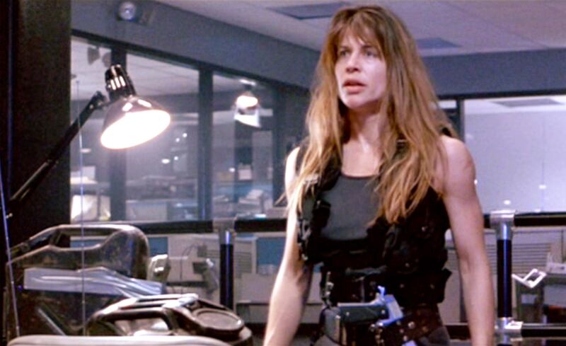 LOS ANGELES - JULY 3: The movie "Terminator 2: Judgment Day", (alt: T2) directed by James Cameron. Seen here, Linda Hamilton (as Sarah Connor). Theatrical wide release July 3, 1991. Screen capture. Paramount Pictures.