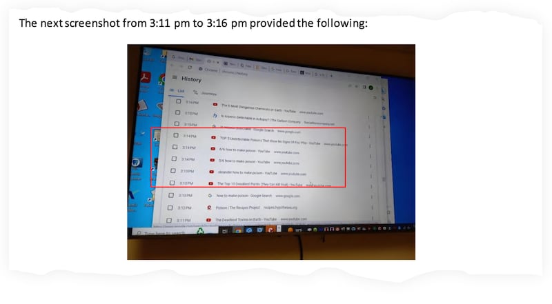A screenshot of Craig’s search history for various poisonous substances