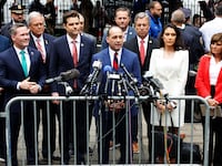 Rep. Bob Good (R-VA) speaks alongside House Republicans during a press conference outside of Donald Trump's hush money trial.