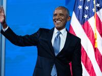 Former President Barack Obama arrives to speak on the second night of the Democratic National Convention at the United Center in Chicago, Aug. 20, 2024.