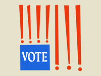 Illustrated gif of the American flag with exclamation points as the stripes and the word vote flashing in different fonts in the blue square