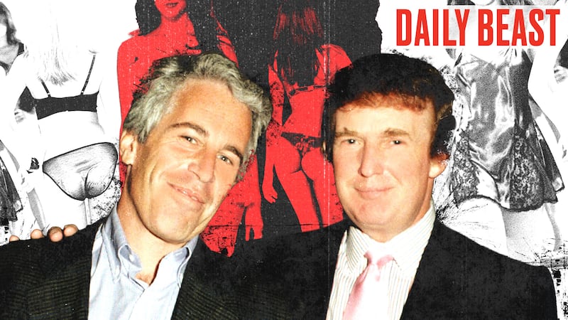 Jeffrey Epstein and Donald Trump with photos of models in the background.