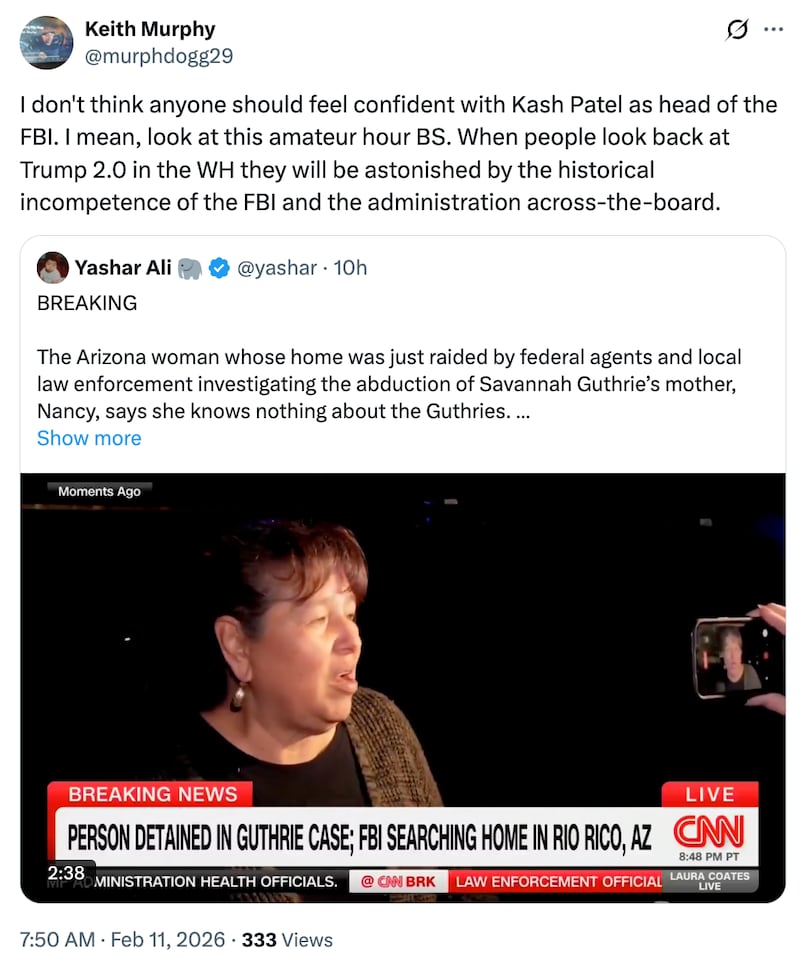 A screenshot of an X post from Keith Murphy criticizing FBI director Kash Patel over the investigation into the disappearance of Nancy Guthrie.