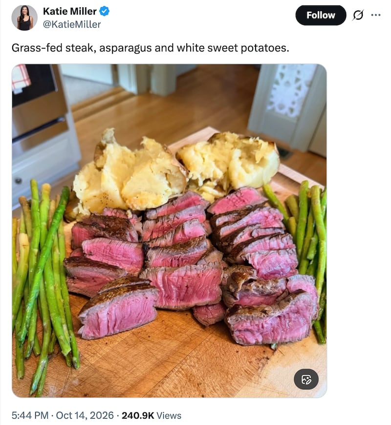 Katie Miller's boastful dinner post on X.