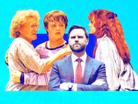 A photo illustration of J.D. Vance and a production still of Hillbilly Elegy.