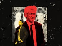 A photo illustration of Sean Penn and Will Smith over a vintage picture of Sean Penn with Madonna