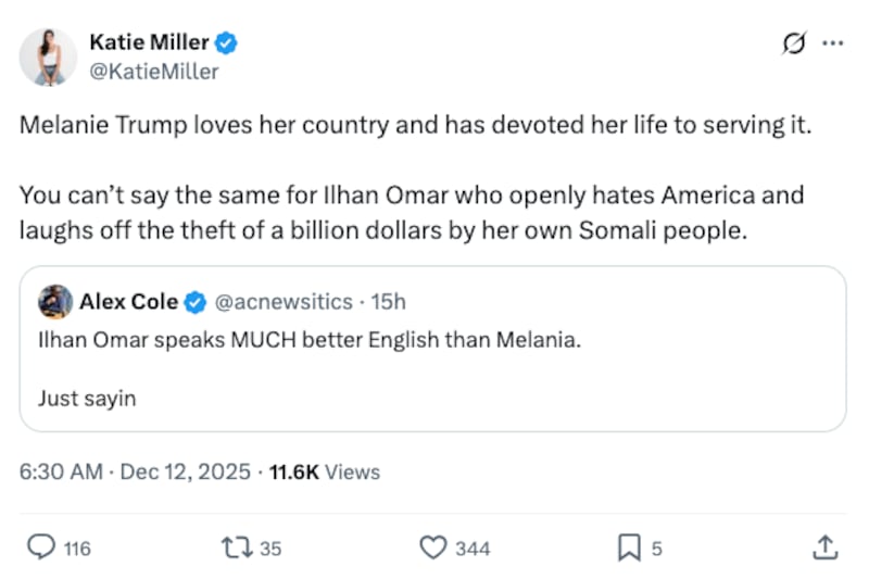 Screenshot of Katie Miller's X post about Ilhan Omar.