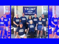 A photo of eight people wearing "Nebraska Walz's for Trump" t-shirts.