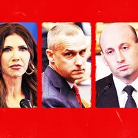 A photo illustration of Kristi Noem, Corey Lewandowski, and Stephen Miller.