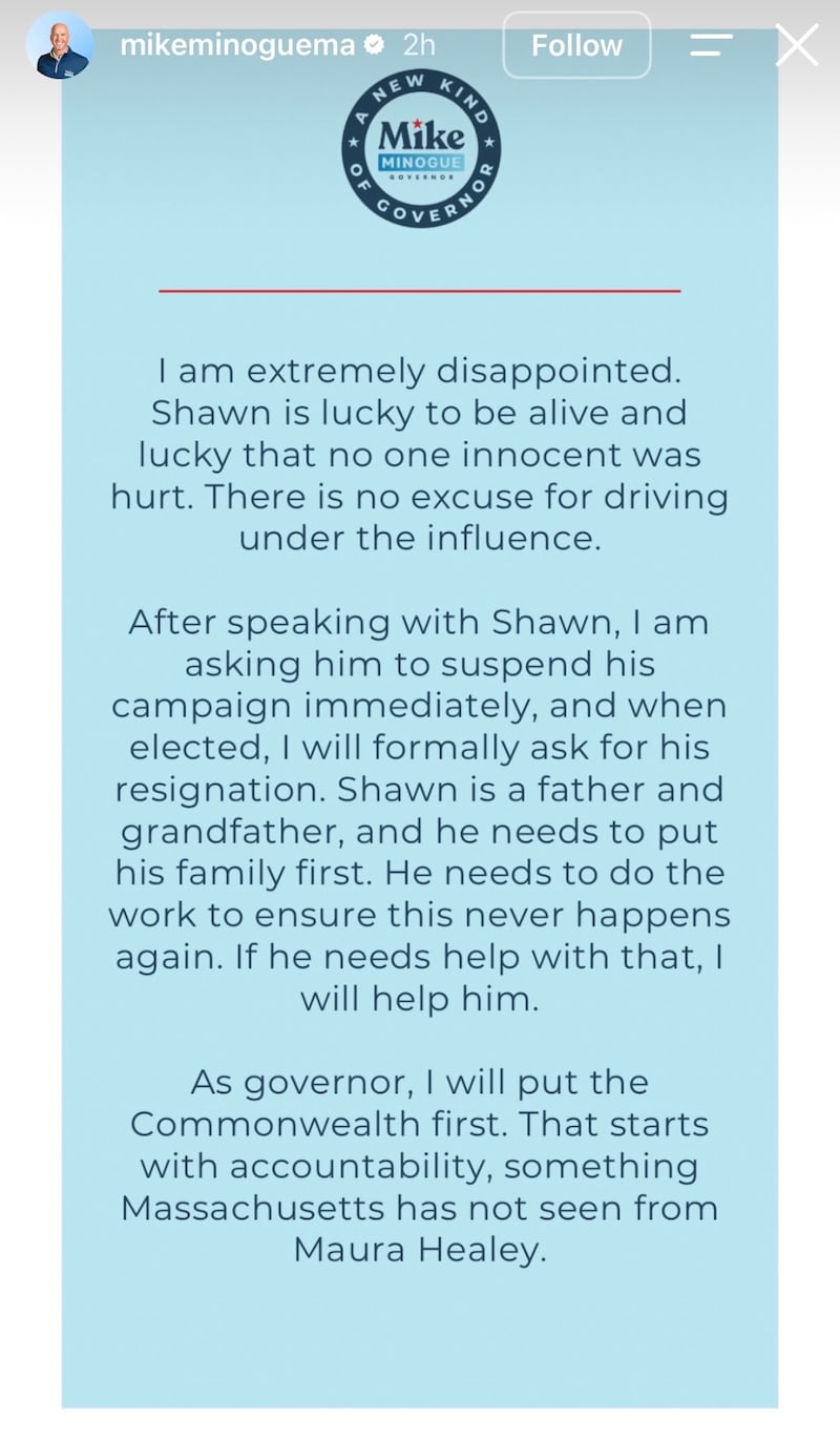 Mike Minogue's statement following a crash involving his running mate Shawn Oliver.