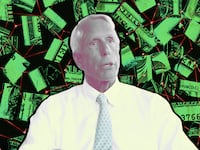 A photo illustration of Dick Uihlein on a background of money.