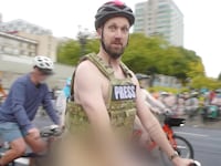Jordan Klepper Fingers the Pulse, Klepper at naked bike rally