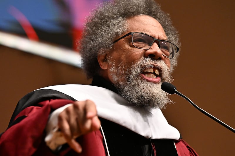 ATLANTA, GEORGIA - MAY 18: Cornel West gives the commencement address during the 141st Morehouse College Commencement Ceremony at Morehouse College on May 18, 2025 in Atlanta, Georgia. West was awarded an honorary degree of Doctor of Humane Letter from Morehouse College during the commencement ceremony. (Photo by Paras Griffin/Getty Images)