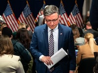 Speaker of the House Mike Johnson prepares to depart a news conference on Capitol Hill on January 22, 2025 in Washington, DC.