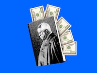A photo illustration of Clarence Thomas on a book stuffed with hundred dollar bills
