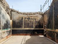A view of a black-walled dining hall with 2,000-year old paintings inspired by the Trojan War is seen in this handout picture taken in the ancient archeological site of Pompeii.