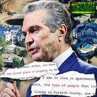 A photo illustration of Rick Jackson, his Georgia estate, and court documents for The Swamp Midterm Meltdown.
