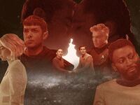 A photo illustration of Stark Trek: Strange New Worlds showing various characters from the show in space.