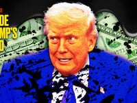 A photo illo illustration of Donald Trump, oil, and money for the Inside Trump's Head podcast.