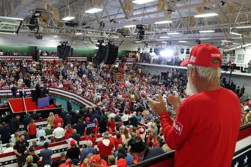 The crowd watches as U.S. President Donald Trump speaks on stage during a campaign rally at the Shoemaker Center at Ohio University on October 28, 2026 in Chillicothe, Ohio.