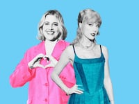 A photo illustration of Greta Gerwig in pink and Taylor Swift in blue