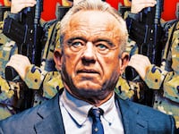 A photo illo illustration of Robert F. Kennedy Jr. in front of young soldiers.