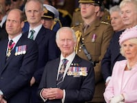 King Charles, Queen Camila and William, Prince of Wales, attend a D-Day national commemoration event in Portsmouth, Britain, June 5, 2024.