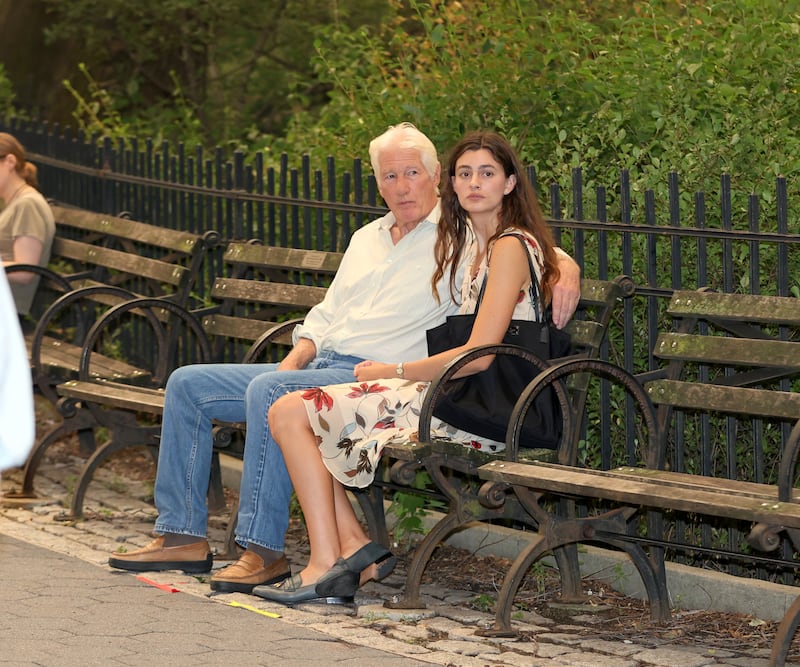 NEW YORK, NY - JULY 15: Richard Gere and Diana Silvers are seen filming at the "Asymmetry" set in Uptown, Manhattan on July 15, 2026 in New York City. (Photo by Jose Perez/Bauer-Griffin/GC Images)