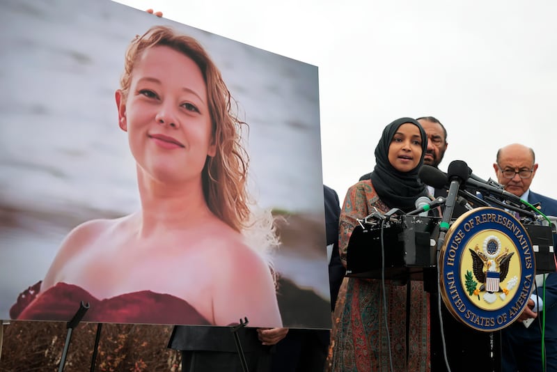 Rep. Ilhan Omar (D-MN) speaks as fellow House Homeland Security Committee members look on during a news conference to discuss the killing of Renee Nicole Good outside the U.S. Capitol on January 14, 2026 in Washington, DC.