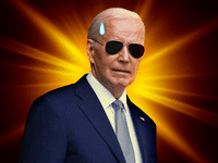 A photo animation of President Joe Biden with a drop of sweat and the sun.