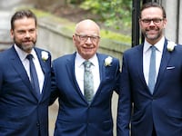 Rupert Murdoch with his sons Lachlan Murdoch (L) and James Murdoch (R) arrives at St Bride's Church for a service to celebrate his marriage to Jerry Hall on March 5, 2016 in London, England.