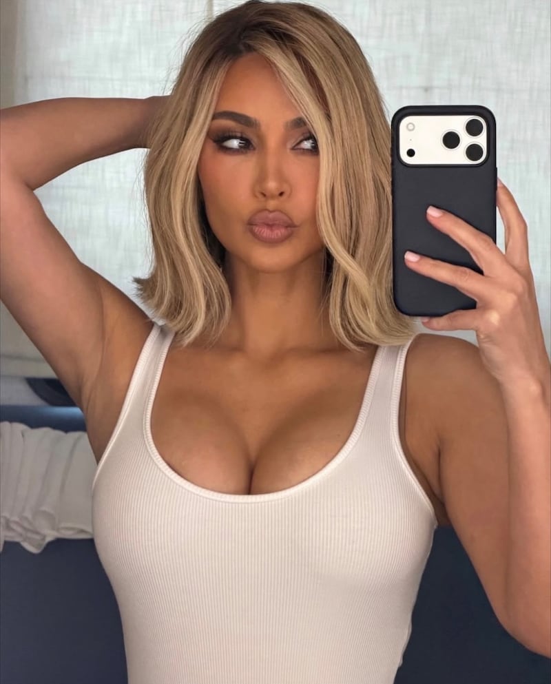 Kim Kardashian with a honey-blond lob.