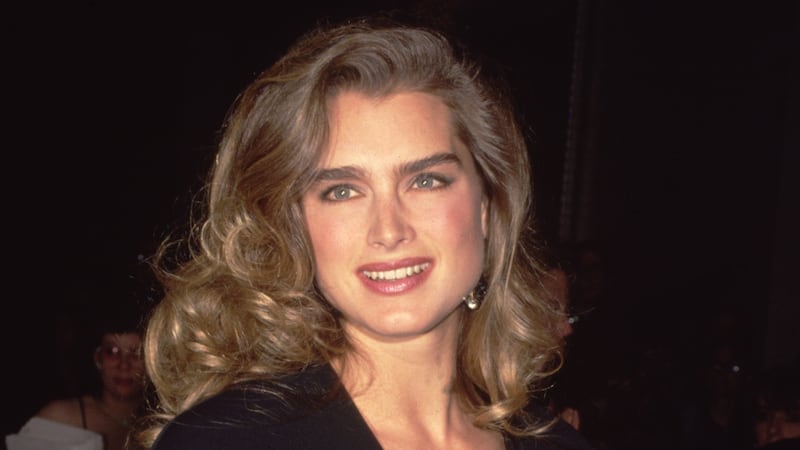 Brooke Shields is pictured at a red carpet event in a black dress with a small golden brooch in 1995.