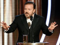 BEVERLY HILLS, CALIFORNIA - JANUARY 05: In this handout photo provided by NBCUniversal Media, LLC, host Ricky Gervais speaks onstage during the 77th Annual Golden Globe Awards at The Beverly Hilton Hotel on January 5, 2020 in Beverly Hills, California. (Photo by Paul Drinkwater/NBCUniversal Media, LLC via Getty Images)