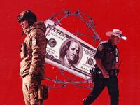 A photo illustration of a Ukrainian soldier, US Border Patrol agent, and money wrapped in barbed wire.