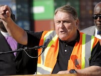 Then-President of the International Brotherhood of Teamsters labour union James P. Hoffa speaks at a news conference in 2015.
