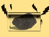 A photo illustration showing a rock as a battery.
