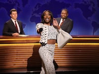 SATURDAY NIGHT LIVE -- Episode 1884 -- Pictured: (l-r) Anchor Colin Jost, Ego Nwodim as Miss Eggy, and anchor Michael Che during Weekend Update on Saturday, May 17, 2025 -- (Photo by: Will Heath/NBC via Getty Images)