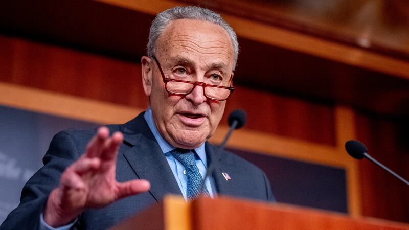 Senate Majority Leader Chuck Schumer (D-NY) speaks to members of the media on Capitol Hill on April 17, 2024 in Washington, DC.