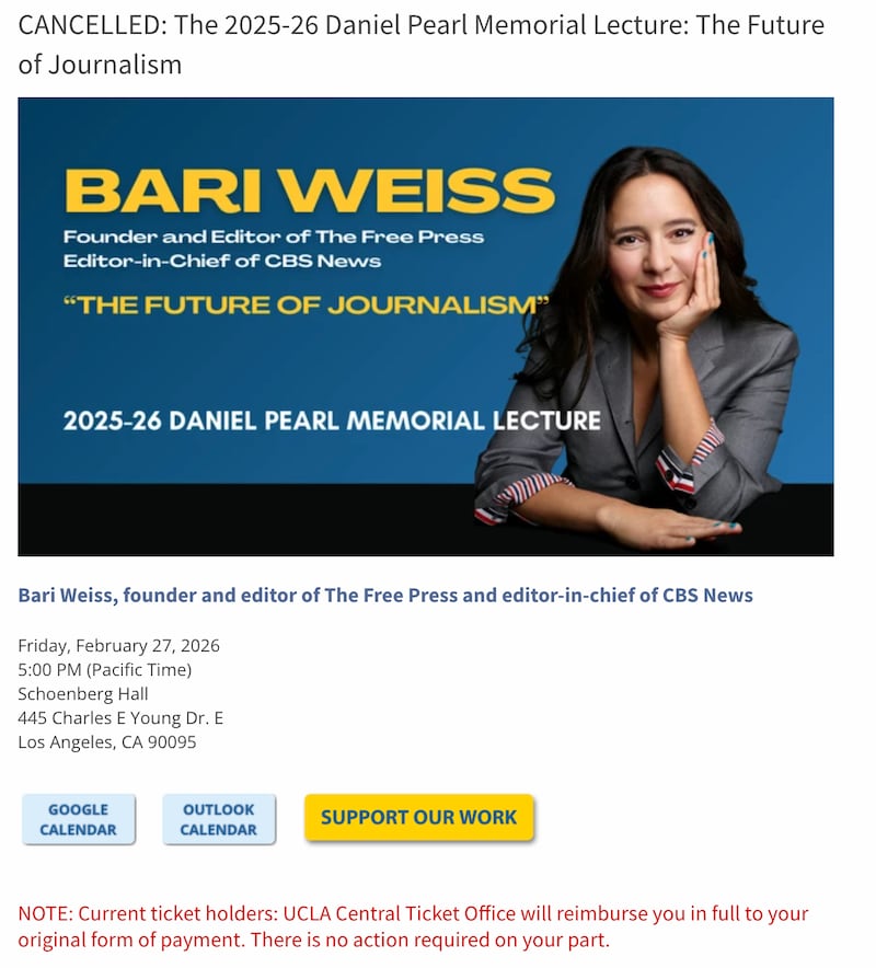 A notice announcing the cancellation of a UCLA journalism event featuring Bari Weiss.