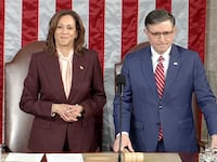 Kamala Harris, Mike Johnson screengrab