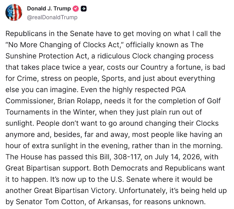 Screengrab of Trump’s Truth Social post.
