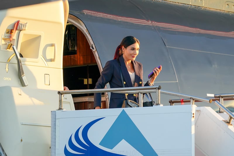 Laura Loomer arrives at Philadelphia International Airport on The Trump Organization's Boeing 757 ahead of The ABC News Presidential Debate on Sep. 10, 2024.