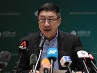 Adinun Kittiratanapaibool, director of Samitivej Srinakarin Hospital, speaks to the press about the condition of injured passengers two days after the turbulence-hit Singapore Airlines flight SQ321 from London to Singapore, in Bangkok on May 23, 2024.