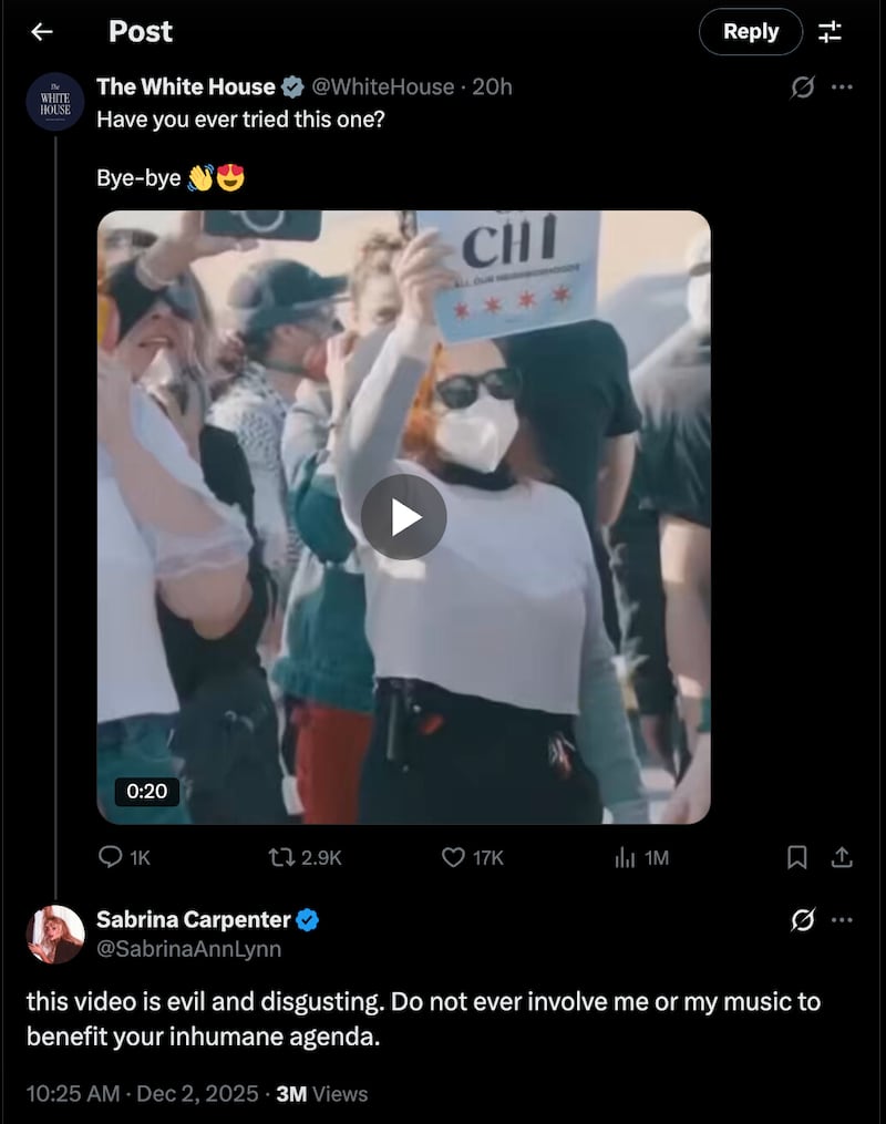 Sabrina Carpenter replies to White House X account