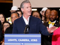 Burbank, CA - July 02: California Governor Gavin Newsom speaks a press conference to unveil the successful passage a $750 million film and TV tax credit to keep production local and protect Hollywood jobs at The Ranch on Wednesday, July 2, 2025 in Burbank, CA.