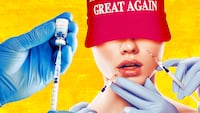 A photo illustration of a woman with a MAGA hat getting box injections, while looking at a Covid vaccine.