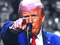 Illustration of Donald Trump pointing at a rally.